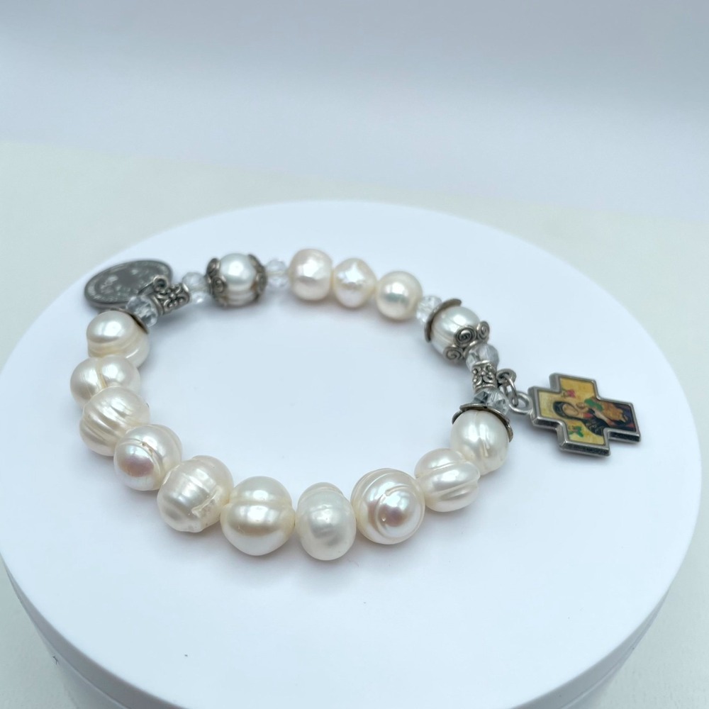 Religious Silver-Tone Mother Of Pearl Enamel Cross Charm Rosary Bracelet